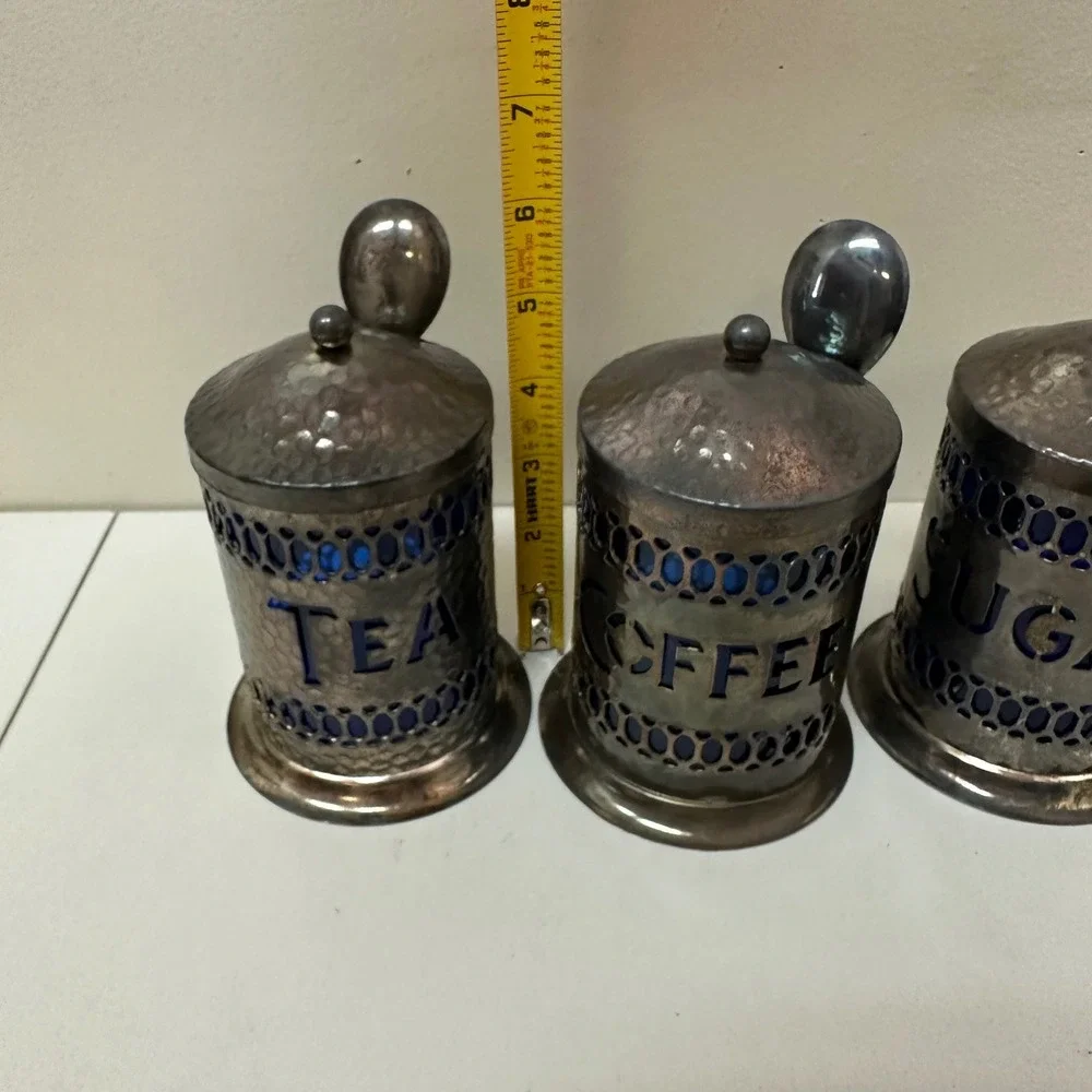 Leonard Silver Sheffield Cobalt Blue Glass Tea Coffee Sugar Canister Set 3pc